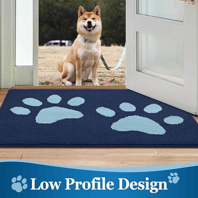 Buganda Dog Door Mat for Muddy Paws, Absorbent Dirt Trapper Washable Indoor Doormats, Non Slip Low-Profile Mud Mat for Dogs, Front Entrance Doormat for Inside Floor (36x24 Inches, Dark Blue)