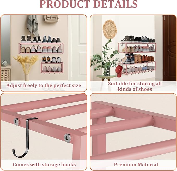 2 Pack Expandable Wall Mounted Shoe Rack, 17"-31" Adjustable Hanging Shoe Rack Holds 16 Pairs, Heavy Duty Metal Shoe Holder with 4 Storage Hooks, Space Saving for Entryway Closet Doorway（Pink）