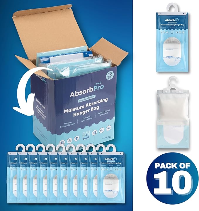 Moisture Absorbing Hanger Bag Fragrance Free - 10-Pack - 9.8 oz Hanging Dehumidifying Packs for Home, Kitchen, Bedroom, Bathroom, Closet, Rooms, Cars