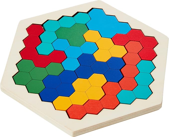 Coogam Wooden Hexagon Puzzle for Kid Adults - Shape Pattern Block Tangram Brain Teaser Toy Geometry Logic IQ Game STEM Montessori Educational Gift for All Ages Challenge