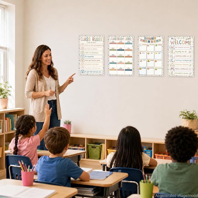 Classroom Jobs & Classroom Rules Poster Set, 4 Classroom Posters Elementary with Birthday Chart & Welcome Poster, Preschool Posters Laminated Style, Classroom Decor for Kindergarten Teacher
