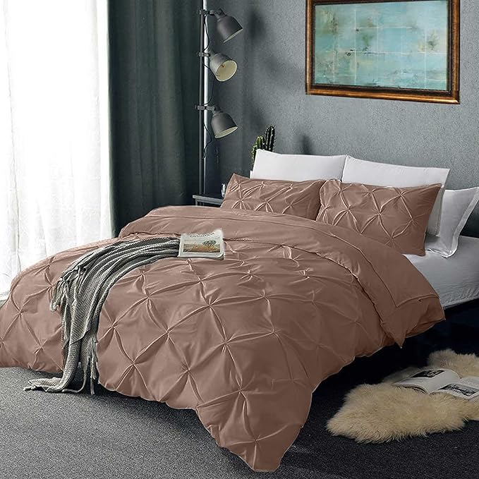 Pinch Pleated Duvet Cover Set 100% Cotton 3PC Super King Plus Size 120x120 Duvet Cover Set, Decorative Pinch Design Taupe Duvet Cover with Matching Pillow Case