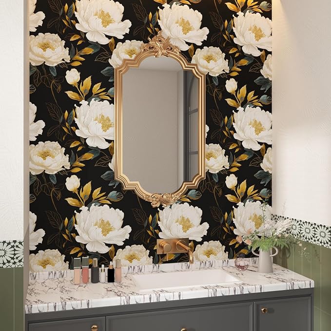 Extra Long Dark Floral Peel and Stick Wallpaper, 17.5In x 393In Vintage Big