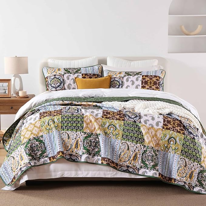 WONGS BEDDING Boho Quilt Set Queen Size, Plaid Patchwork Bedspread Bedding Set Soft Microfiber Quilt for Queen Bed Reversible 3 Pieces Coverlet Set for All Season (Brown Olive 96"x90")