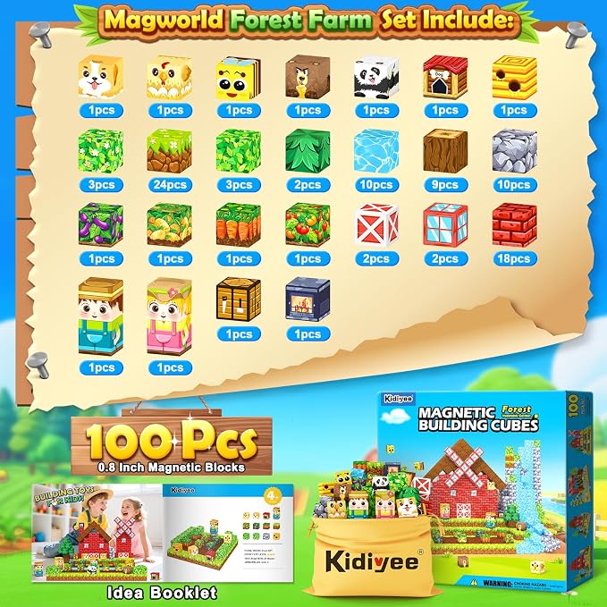 Magnetic Blocks, Build Mine Magnet World Forest Farm Edition, Magnetic Building Blocks for Kids Ages 4-6 6-8 8-12, Sensory STEM Toys for Boys & Girls
