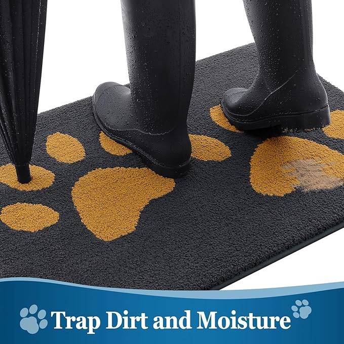 Buganda Dog Door Mat for Muddy Paws, Absorbent Dirt Trapper Washable Indoor Doormats, Non Slip Low-Profile Mud Mat for Dogs, Front Entrance Doormat for Inside Floor (36x24Inches,Dark Grey and Yellow)