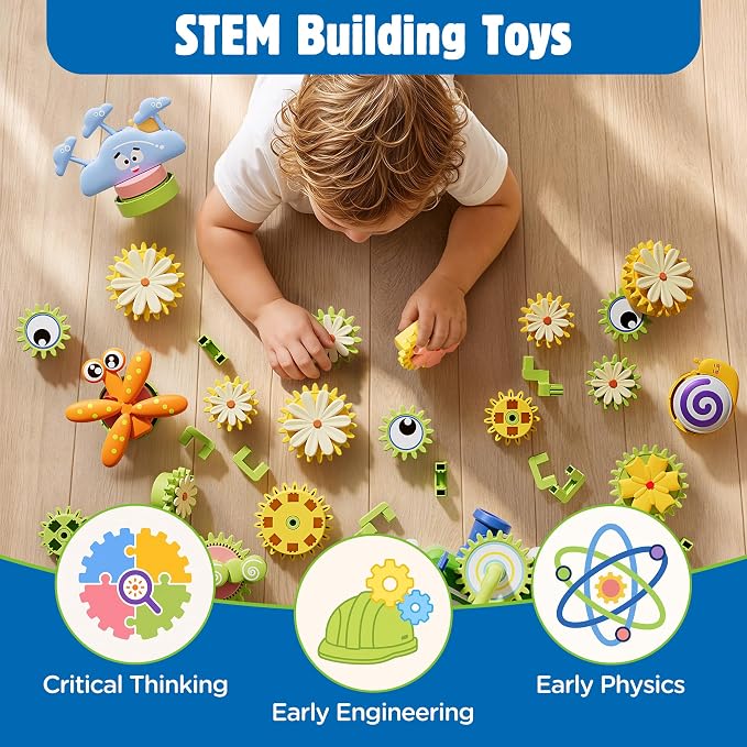 4 in 1 STEM Gear Toys for Kids Ages 3+, Educational Building Blocks, 87Pcs | Flower Construction Kits, Musical Electric Train Sets, Toddler Learning Toys with Light, Boys and Girls Gifts