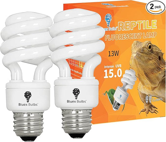 Bluex Bulbs 2 Pack 13-Watt Reptile Light - Intense UVA/UVB, 15.0 UVB, Compact Florescent, Suitable for Desert Reptiles & Amphibians, Promotes Natural Behavior, CFL Bulb (UVB 15.0)