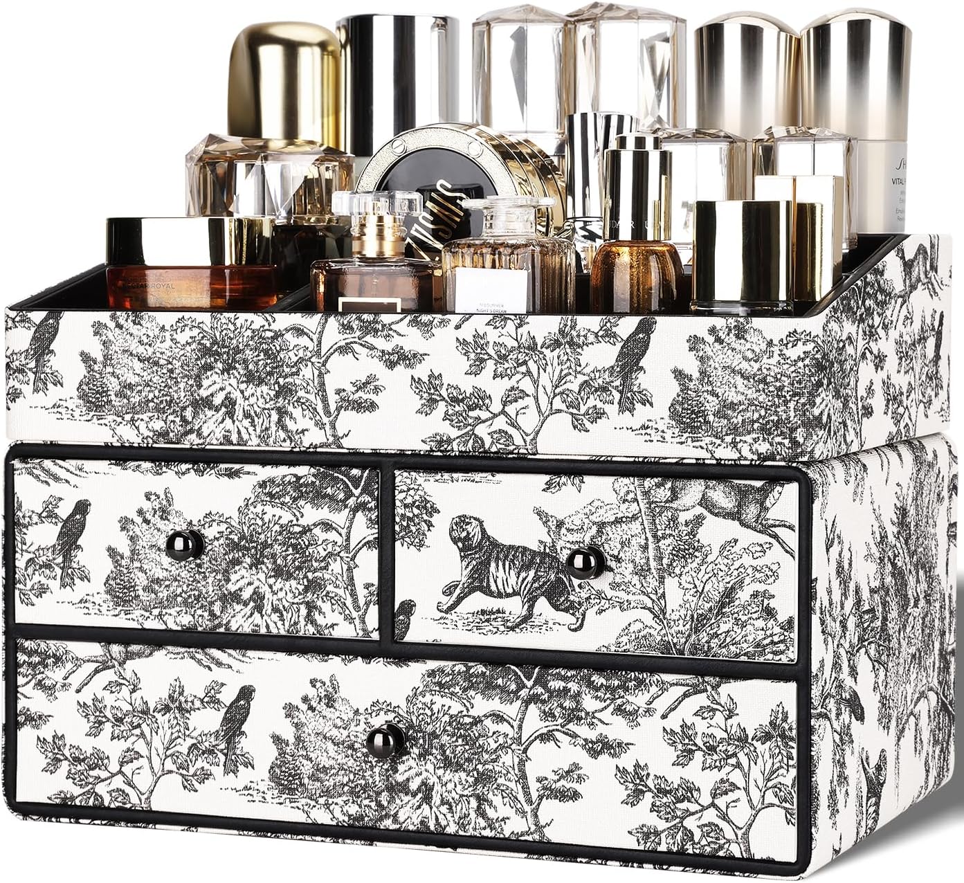GORESE Leather Makeup Organizer with 3 Drawers for Vanity, Stackable Skincare Holder Dresser Organizer Countertop, Make Up Storage Organizers Counter Cosmetic Display Case Gift for Women(Retro Black)