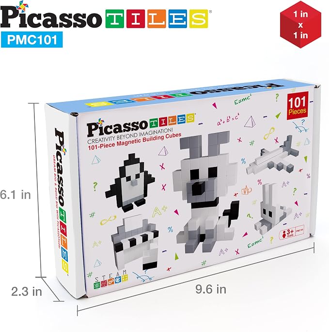 PicassoTiles 101pc Magnetic Puzzle Cube Set Black and White 1 Inch Construction Blocks STEM Educational Toy for Kids Age 3 Plus Sensory Learning Kit with Idea Book for Building and Creativity PMC101