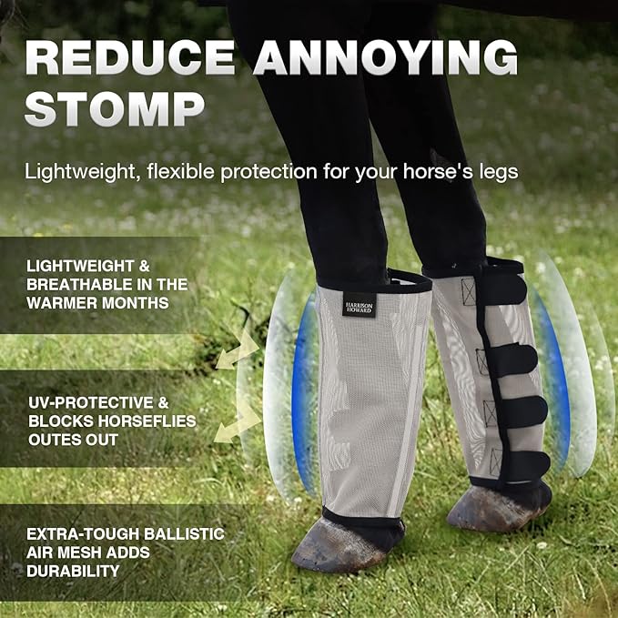 Harrison Howard Loose Fitting Fly Boots UV-Protective Extra Tough Mesh Ventilated Four Fasteners Stay-on Design Protect Horse Legs & Stomp-Reducing Set of 4 Silver Grey Small