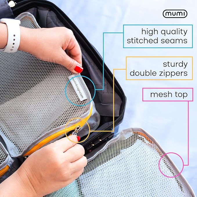 MUMI Packing Cubes - 5 Compression Packing Cubes for Travel, Luggage Organizer Bags for Suitcases, Carry-On, Duffle or Backpack – Mesh, Waterproof Bags for Clothes, Kids & Travel Accessories - Pink