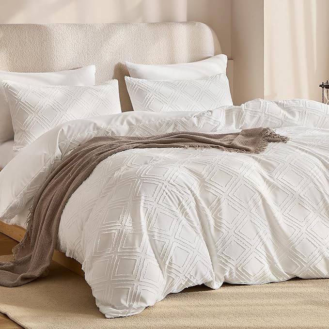 JELLYMONI Duvet Cover Super Queen Size White - 3PCS Boho Duvet Cover Set Plaid Polyester Tufted Bohemian Jacquard Knit Textured Comforter Cover 98×90in Rhombic Geometric Pattern Zipper Corner Tie