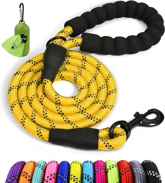 Taglory Rope Dog Leash 6 FT with Comfortable Padded Handle, Highly Reflective Threads Leash and Anti-Tangle Clip for Walking Medium Large Dogs, 1/2 inch, Yellow