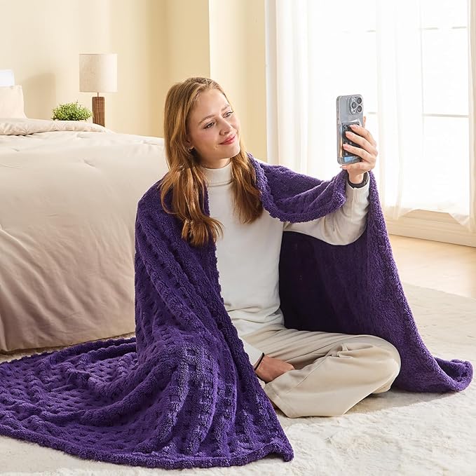 NEWCOSPLAY Super Soft Queen Blanket Purple Premium Silky Flannel Fleece 3D Waffle Checkered Lightweight Bed Blanket All Season Use (Dark Purple, Queen(90"x90"))