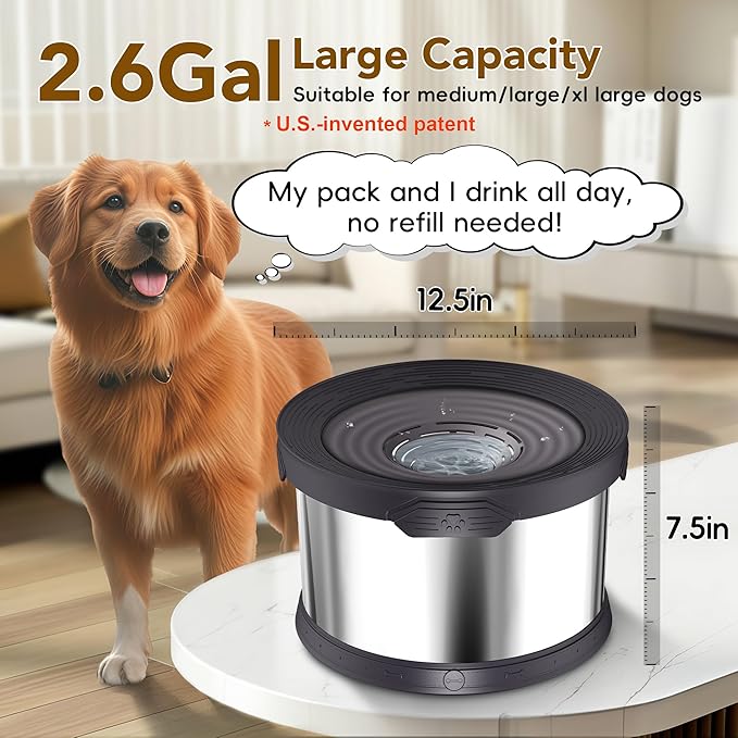 UPSKY Dog Water Bowl No Spill 10L Stainless Steel, 2.6 Gallon Large Capacity Spill-Proof Dog Bowls, Non-Slip Slow Drinking Anti-Splash Bowl for Large Messy Drinkers, No Mess Indoor/Outdoor Use, Black