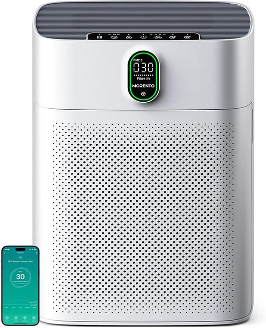 MORENTO Air Purifier for Home Large Room Bedroom Up to 1076 ft², Wi-Fi and Alexa Control, PM2.5 Air Quality Monitor, Auto Mode, HEPA Filter Removes Dust, Pollen, Smoke 1 Pack, White