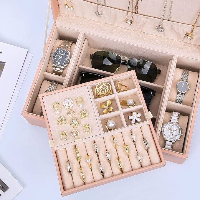 LANDICI Jewelry Box Organizer for Women, 2 Layer 4 Slot Watch Storage Case with Removable Tray, PU Leather Large Jewellery Holder Display for Watches Sunglasses Rings Earrings Necklace, Pink