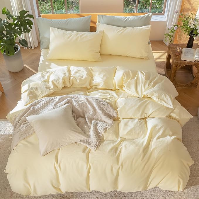 MooMee Bedding Duvet Cover Set 100% Washed Cotton Linen Like Textured Breathable Durable Soft Comfy (Heathered Butter Yellow, Cal King 104"x98")