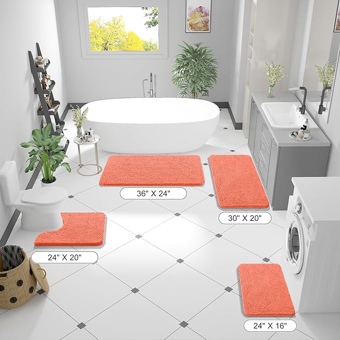 OLANLY Bathroom Rugs 44x24, Extra Soft Absorbent Chenille Bath Rugs, Rubber Backing Quick Dry, Machine Washable Bath Mats for Bathroom Floor, Tub and Shower, Home Decor Accessories, Coral