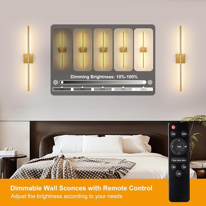 Morauroral Gold Rechargeable Wall Sconces Set of 2, 10000mAh Battery Operated