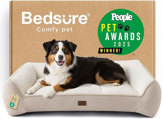 Bedsure SupportMax™ XL Pro Orthopedic Dog Beds Large Sized Dog - Extra Thick Supportive Dogs Couch with Waterproof Washable Cover, Extra Large Comfort Pet Sofa with Soft Sherpa & Nonskid Bottom, Beige