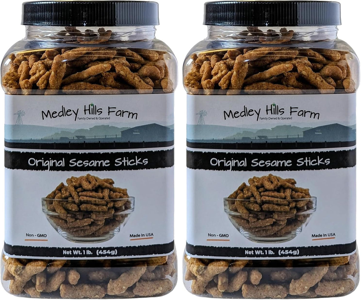 Sesame Sticks Original 1 lb. By Medley Hills Farm in Reusable Container - Delicious and Fresh Sesame Sticks Snacks - Ideal for Midday Snacking