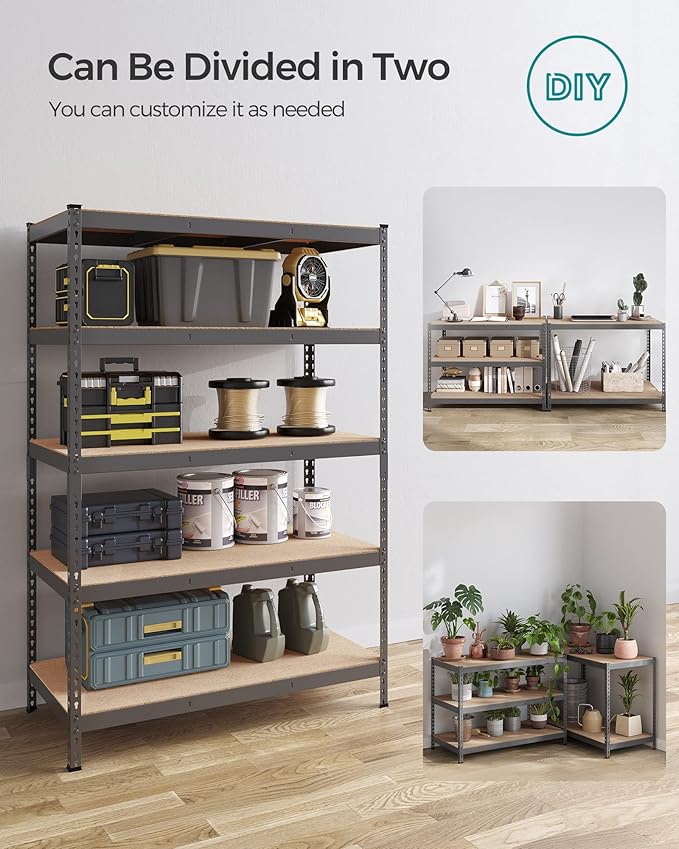 SONGMICS 5-Tier Storage Shelves, Load 2310 lb, Garage Storage, Boltless Assembly, Adjustable Shelving Unit, 23.6 x 47.2 x 70.9 Inches, for Study Shed Basement, Gray and Natural Beige UGLR600G01