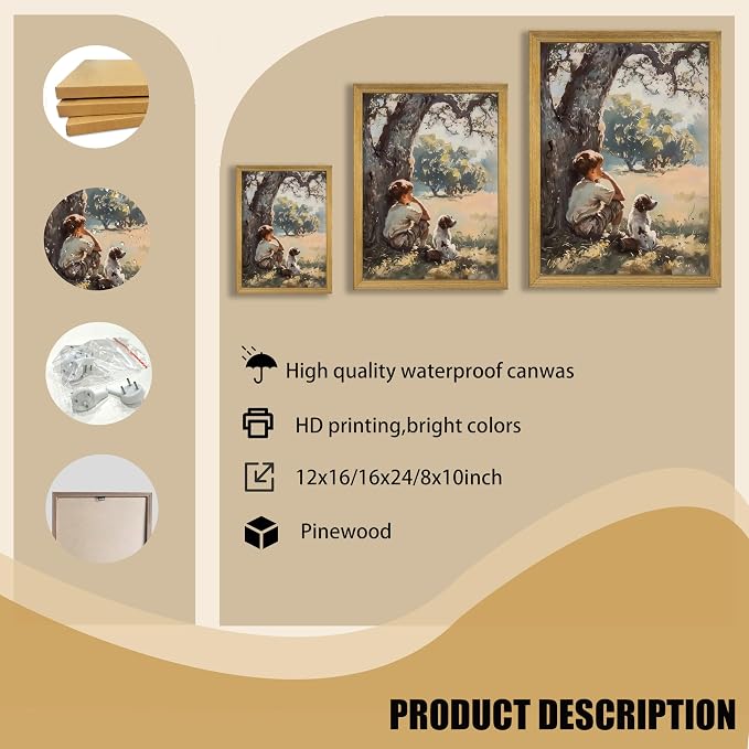 Wood Framed Canvas Wall Art, Vintage Boy and Dog Painting Poster, Countryside