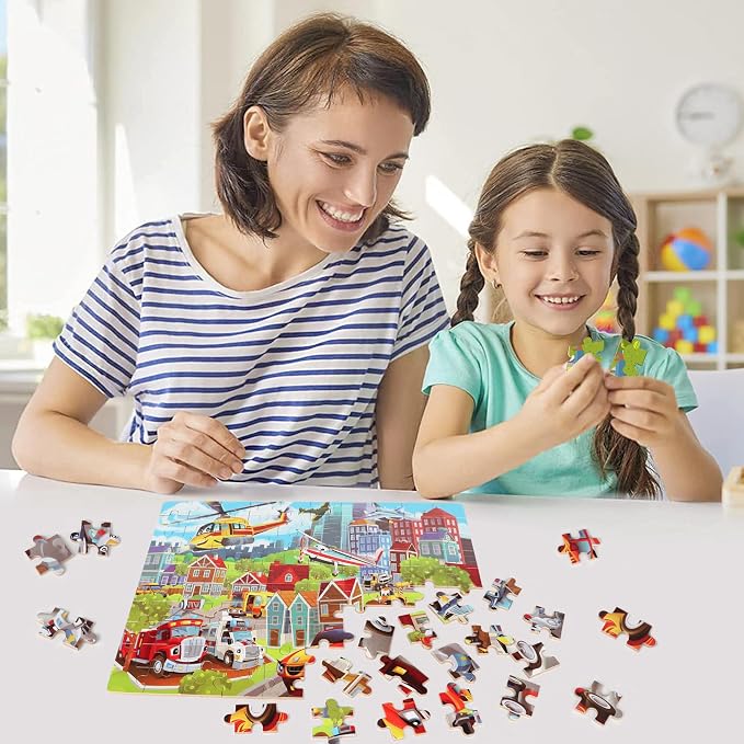 LELEMON Puzzles for Kids Ages 4-8 Transportation Vehicles Jigsaw Puzzles for Kids Boys Girls 100 Pieces Fire Truck Car Learning Educational Puzzles in a Metal Box