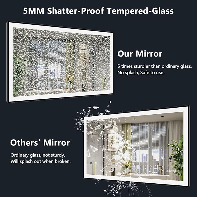 51x40 Inch LED Bathroom Mirror with Lights (Front Lit and Backlit) Black Framed Lighted Vanity Mirror for Bathroom Wall Dimmable Anti-Fog Memory Tempered Glass Horizontal/Vertical