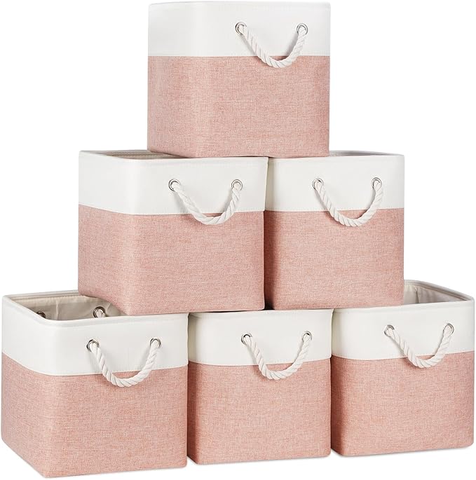 Temary 11 Inch Storage Cubes, Sturdy Fabric Bins with Metal Support & Soft Rope Handles, 6 Pack Foldable Nursery Organizer Baskets for Clothes, Home (White & Pink)