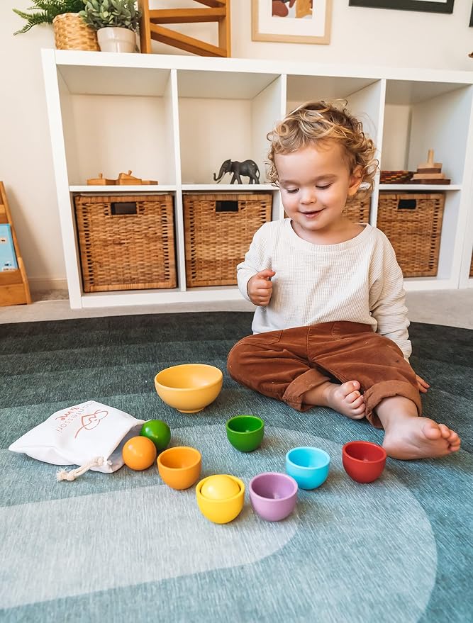 Montessori Large Rainbow Colored Sorting Ball in Cup | Preschool Color Matching Toy | Gross Motor Transfer Activity | 6 Toddler Safe Wooden Balls 46mm in Diameter - Non-Choking-Hazard
