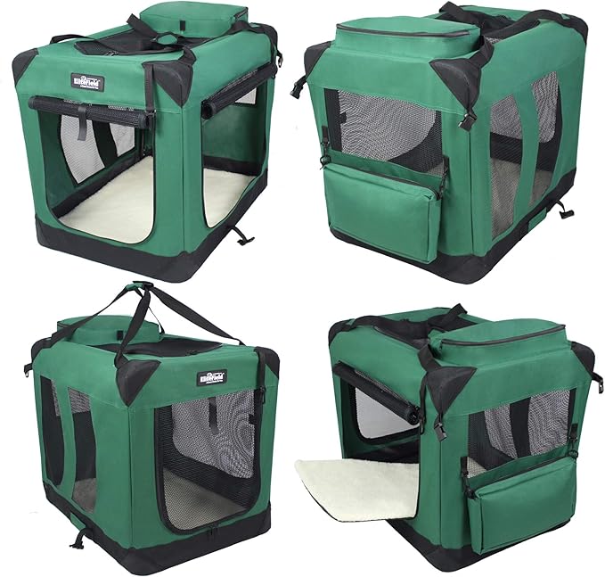 EliteField 3-Door Folding Soft Dog Crate with Carrying Bag and Fleece Bed (2 Year Warranty), Indoor & Outdoor Pet Home (36" L x 24" W x 28" H, Green)