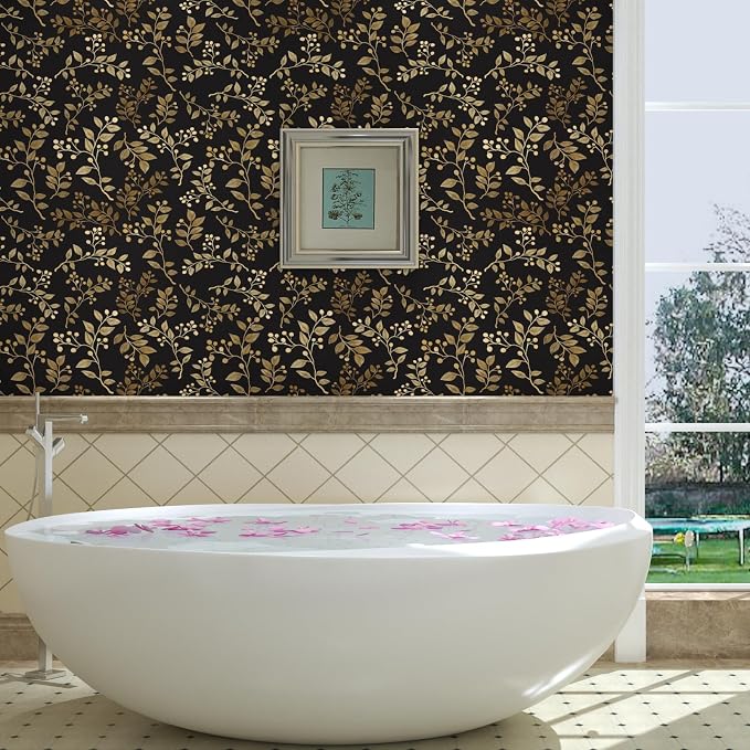 Dark Floral Peel and Stick Wallpaper, Vintage Gold Leaf Self-Adhesive Contact