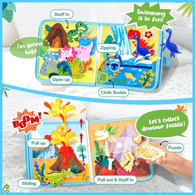 JoyCat Dinosaur Busy Book for Toddlers 2-5, Montessori Quiet Activity Toy | Dinosaur busy book with life skills activities helps toddlers practice fine motor skills and enjoy quiet travel play.