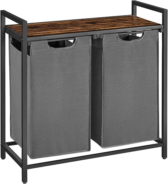 VASAGLE Laundry Hamper, Laundry Basket, Laundry Sorter with 2 Pull-Out and Removable Bags, Shelf, Metal Frame, 2 x 12.1 Gallons (46 L), 28.8 x 13 x 28.4 Inches, Slate Gray and Rustic Brown UBLH201G01