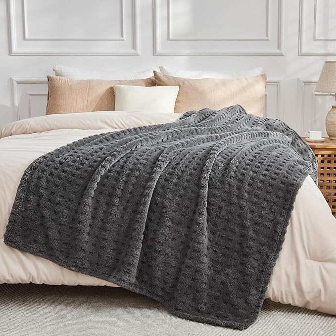 NEWCOSPLAY Super Soft Throw Blanket Grey Premium Silky Flannel Fleece 3D Waffle Checkered Lightweight Bed Blanket All Season Use (Dark Grey, Throw(50"x70"))