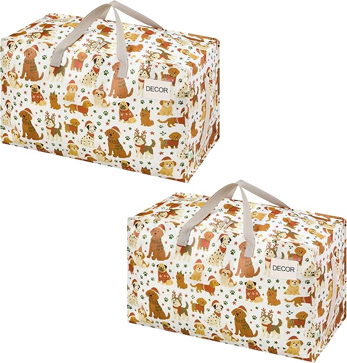 VENO 2 Pack Moving Bags and Large Christmas Decoration Storage Bins with lids. Alternative to Moving Boxes, Packing Supplies for College. Heavy Duty Totes (Holiday Pups, 2 Pack)