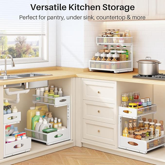 Under Sink Organizer, 2 Tier Pull Out Under Cabinet Organizer Shelf with Pad for Framed Cabinets, Metal Slide Out Under Sink Storage, Mesh Sliding Drawers for Kitchen Bathroom Laundry(White, 1 Pack)