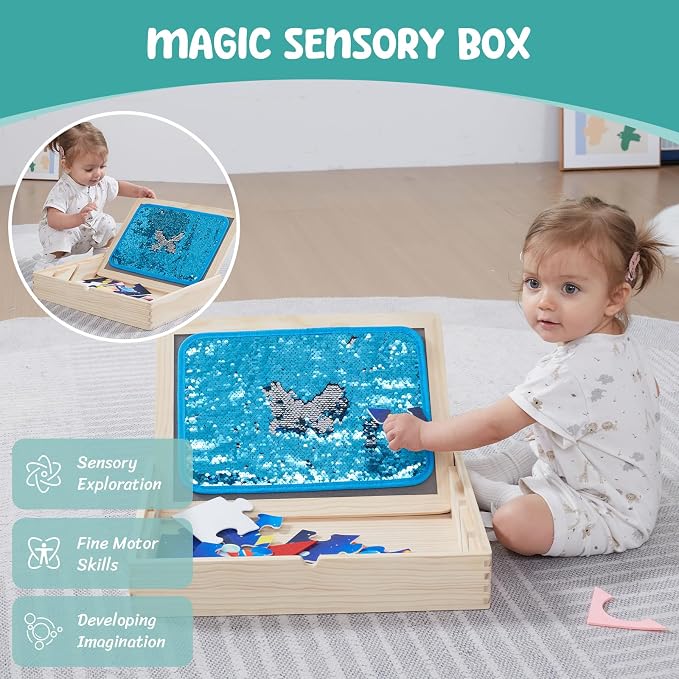 Sensory Board for Toddlers & Kids – Wooden Sensory Sequin Box with Flip Mats, Space Felt Puzzle & Tangram | Montessori Sensory Toy for Calm Down Corner, Autism, Classroom & Daycare