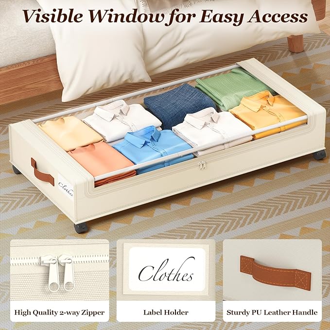 Rolling Under Bed Storage, 70L, 2 Pack – Beige