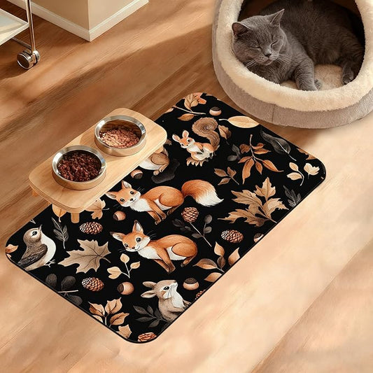 Cute Squirrel Dog Cat Food Mat,Bird Fox Absorbent Waterproof Placemat for Food and Water Non Slip Rubber Backing Durable Feeding Pad for Clean Floors 12" x 20"
