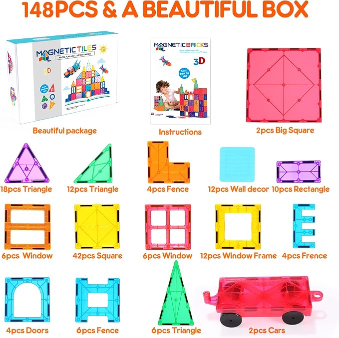 Kids Magnet Toys Magnetic Tiles, 148PCS 3D Magnetic Building Blocks STEM Learning Toys Magnetic Toys for 3 4 5 6 7 Years Old Boys Girls Gifts with 2 Cars