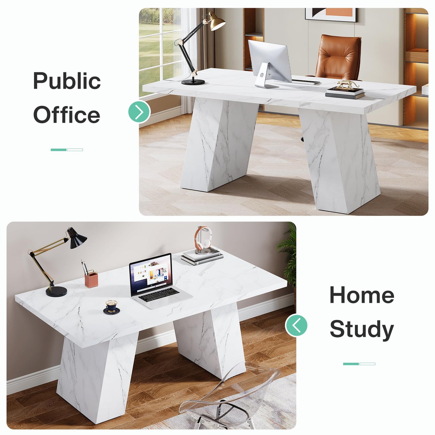 Tribesigns Modern Executive Desk, 63" Wooden Faux Marble Computer Desk with Base for Writing, White Large Simple Rectangular Workstation for Office, Conference, Meeting Room, Business Furniture & Home