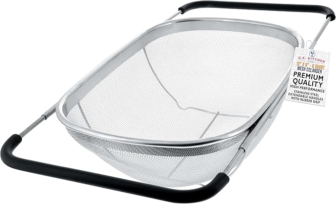 U.S. Kitchen Supply Stainless Steel Colander Strainer - 6-Quart Collapsible Colander with Expandable Rubber Handles - Rectangular Sieve, Fine Mesh Stainless Steel Strainers and Colanders for Kitchen