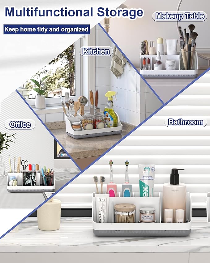 Bathroom Counter Organizer and Storage, 7 Slots Detachable Toothbrush Holders for Bathrooms, Anti-Slip Electric Toothbrush and Toothpaste Holder Countertop Vanity Organizer Accessories for Adults Kids