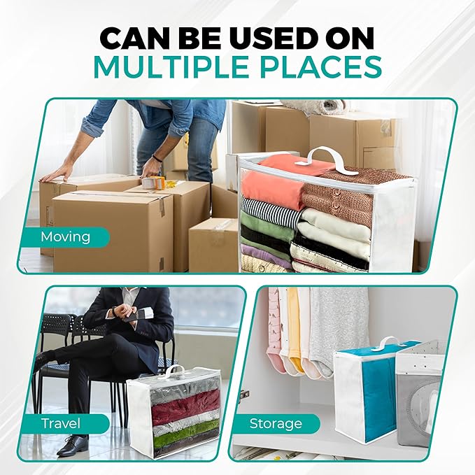 3 pack Clear Plastic Storage Bag with Zipper, Foldable Moving Bag for Comforters, Blankets, Bedding, Storage Containers, Breathable, Durable Clothes and Duvet Closet Organizers, 18x15x9