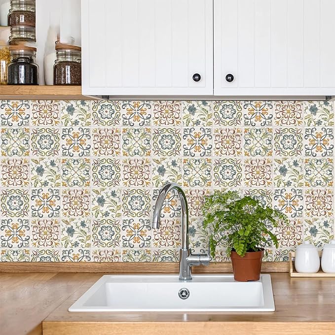 Wudnaye Bohemian Wallpaper Peel and Stick Faux Tile Contact Paper 17”×118” Tile