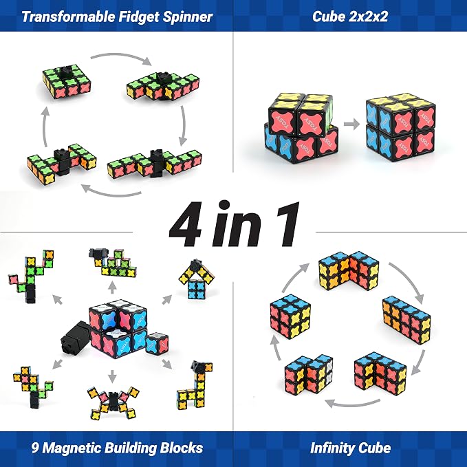 TOSY Magnet Fidget Spinner Mini - 8 Blocks, 3 in 1 Toy: Transformable Fidget Spinner, Infinity Cube, 2x2 Puzzle Cube, Stress Relief, STEM Magnet Tiles Birthday Gift for Kids/Boys/Girls/Adults, 4-Pack